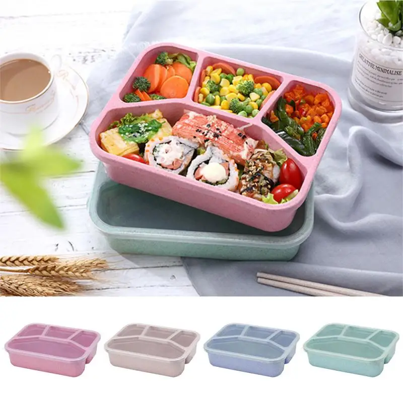 

Wheat Straw Lunch Box Portable Bento Box Four Grid Fast Food Box For Microwave Oven For School Office Food Fruit Container