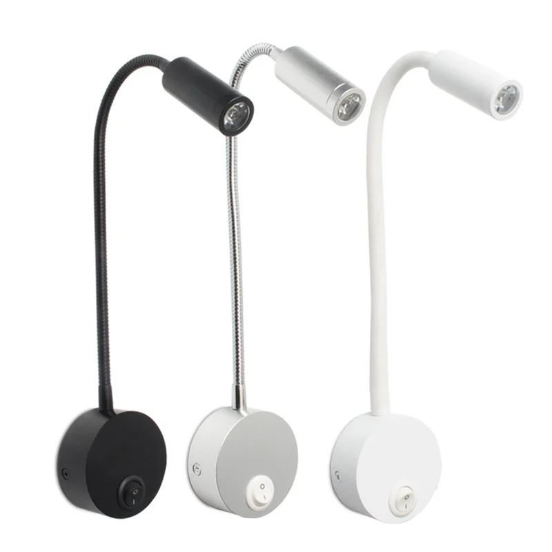 

Wall Lmap Bedroom Lamp 3W Sconces Clamp Light on/off Switch White Silver Black Flexible Gooseneck Home Bedside Reading Lights