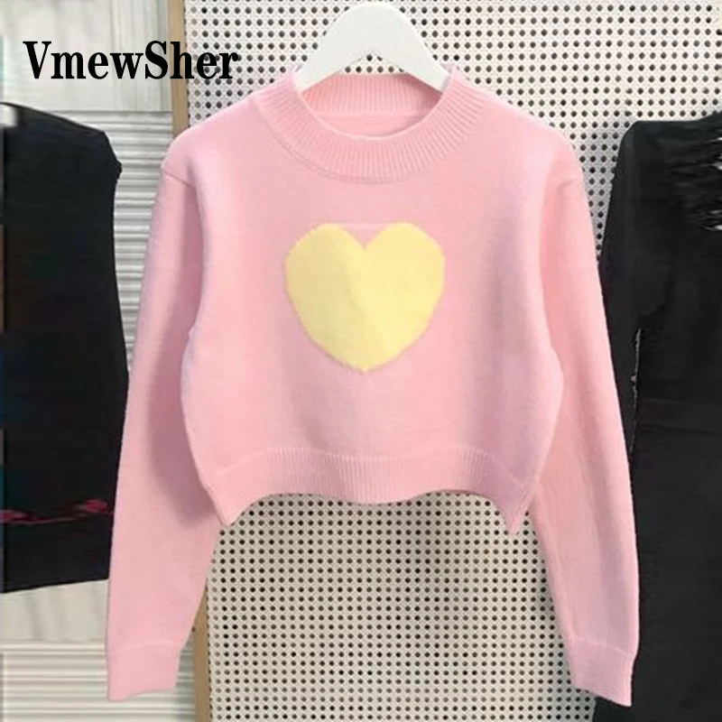 

Женский трикотажный свитер VmewSher, Розовый пуловер с круглым вырезом и длинным рукавом, Короткий Джемпер с принтом в виде сердца, для осени и зимы