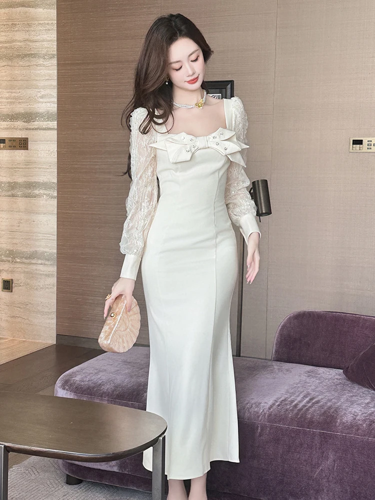 Autumn Fashion Casual Sweet Bow Square Collar Fishtail Long Dress Women Clothes Elegant Lace Sleeve Slim Robe Party Vestido