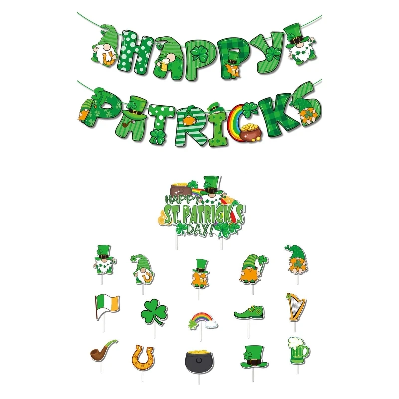 

R2LD 1 комплект Счастливого Дня святого пафокуса, надпись, подвеска для баннера, мультяшный гном, клевер, шамрок, бумажные топперы для торта, ир...