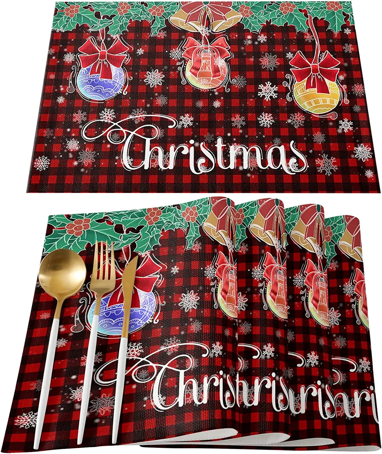 

Christmas Placemats Set of 4 Ball Snowflake Red Black Plaid Table Mats Set for Kitchen Dining Table Heat Insulation Washbale