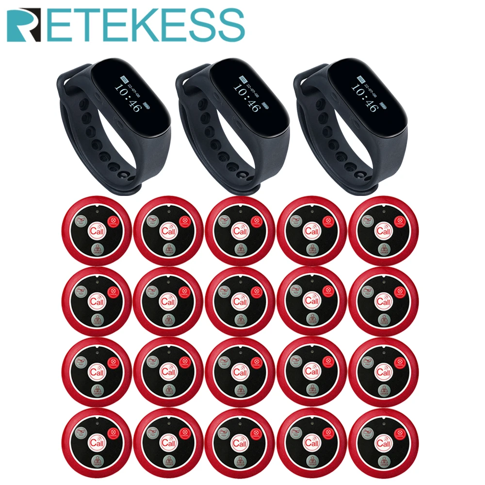 RETEKESS Wireless Waiter Calling System Restaurant Pager 3 TD112 Waterproof Watch Receiver+20 T117 Call Button for Coffee Clinic