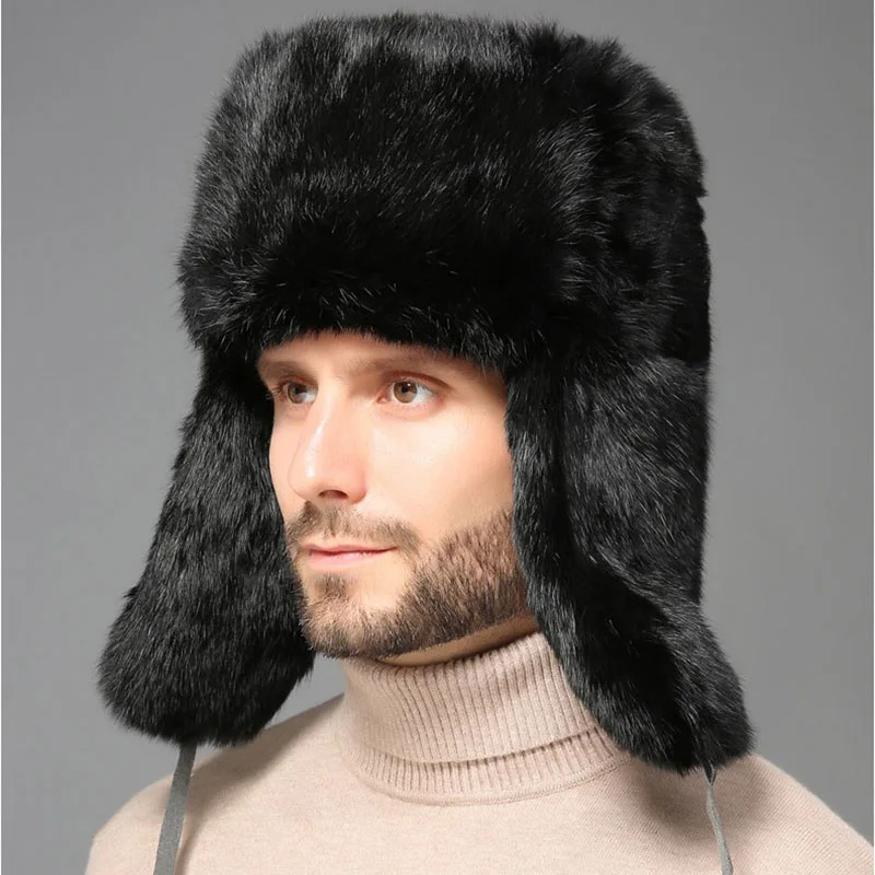 Classic Fashion Genuine Rabbit Fur Hats Warm Winter Windproof Snow Caps Leifeng Earflap Bomber Cap