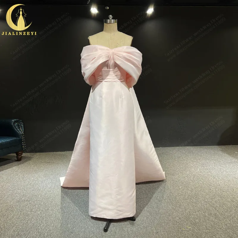 

2437Hot Sale Off The Shoulder Pink Satin Bow Train Evening Dressvestido invitada boda evening dresses فساتين السهرة robe de soi