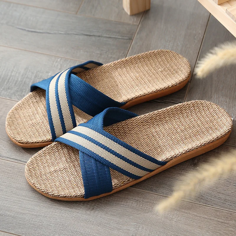 Linen Home Indoor Open Toe Flat Shoe Beach Slippers Striped 