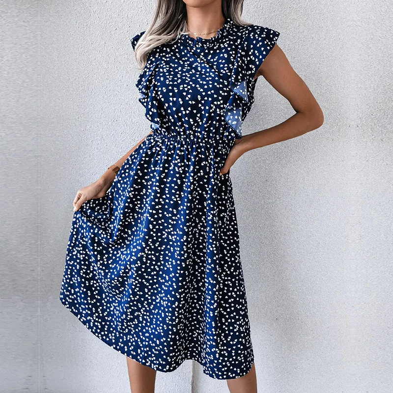 

Vintage Butterfly Sleeve Ruffles Heart Dot Print Dress Women Medium Long Chiffon Ladies Spring Summer Dress