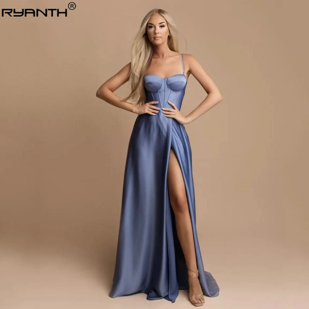 

Ryanth Simple Stain Split Prom Dresses A-Line Sweetheart Spaghetti Straps Lace-Up Vestido De Gala Floor Length Robes De Soirée