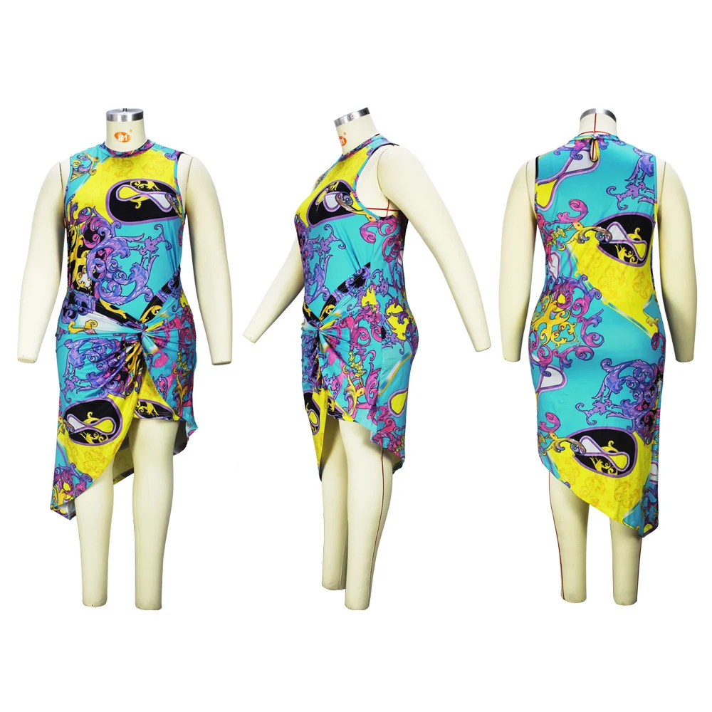 Plus Size 4xl Women Large Dress 2022 Summer Receives Waist Round Collar Vintage Irregular Skirt Printing Whol 3xl 4xl 5xl 6xl