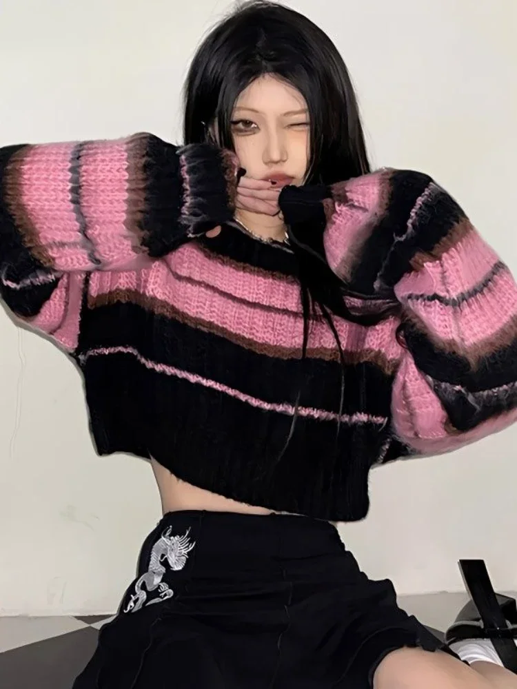 Женские пуловеры в стиле Харадзюку готический вязаный винтажный полосатый