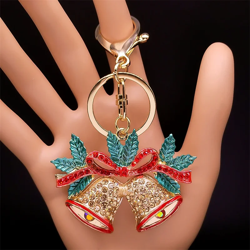 

Christmas Bell Charms Crystal Keyring Holder Gold Color Keychain Bag Accessories Women Girls Party Jewelry porta chaves mulher