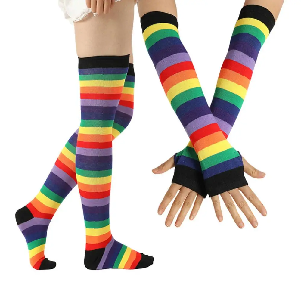 Женские радужные облегающие чулки до бедра в полоску митенки двойного