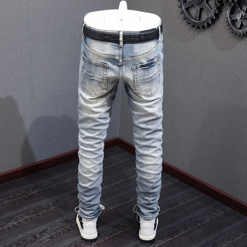 High Street Fashion Men Jeans Retro Light Blue Elastic Skinny Ripped Jeans Men Pink Patched Designer Hip Hop Brand Pants Hombre