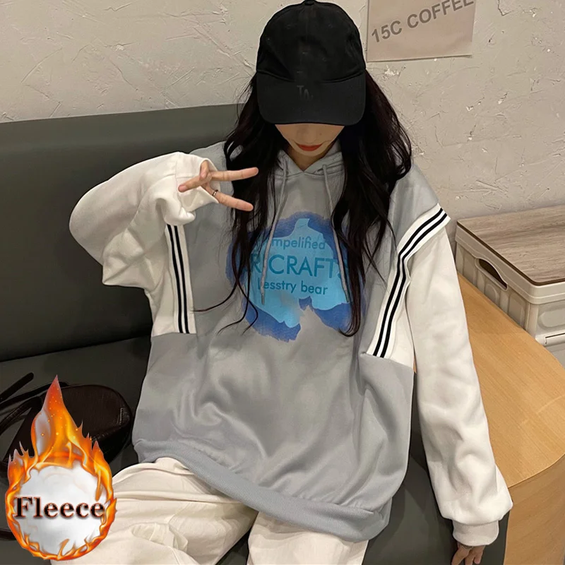

Women fleece warm hooded Sweatshirts Harajuku Vintage Letter print Long Sleeve Tops Streetwear winter Casual Oversized Pullovers