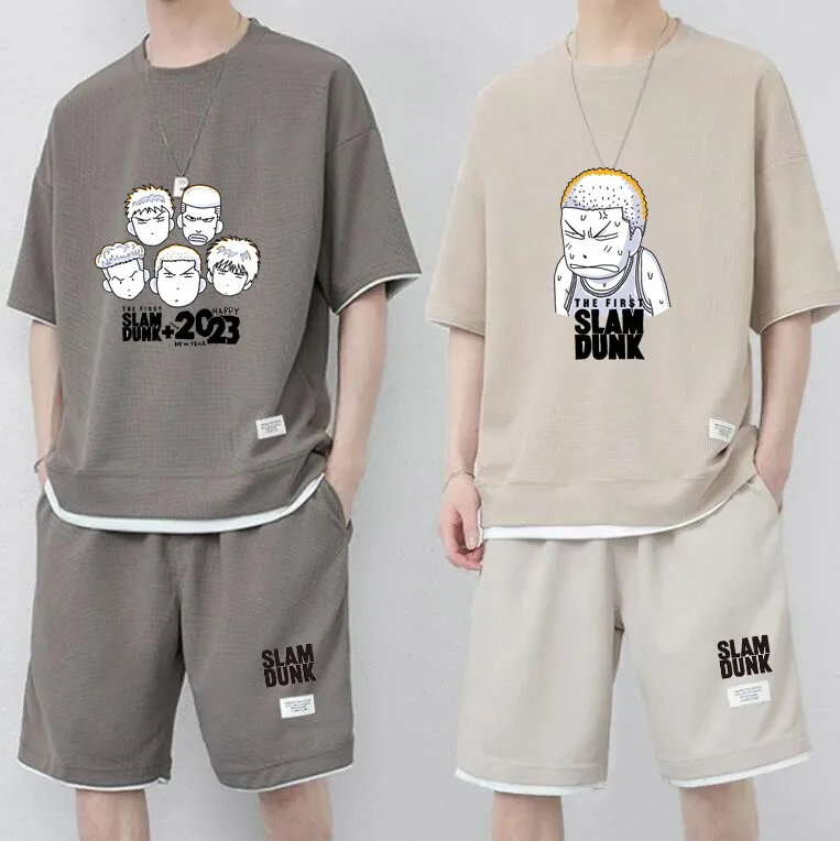 Slam Dunk Print Men Tops + Pants 2 Piece Set Japanese Anime Casual T-shirt and Shorts Summer Short Sleeve Basketball Sportswear