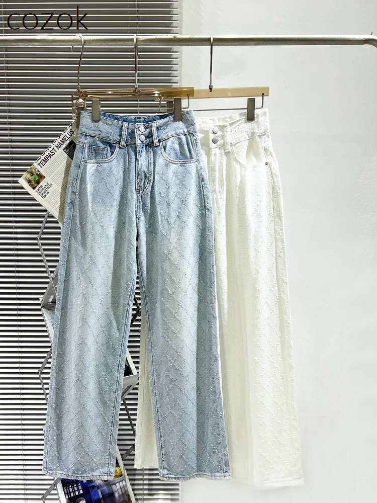 

Модные жаккардовые ромбовидные джинсовые брюки с высокой талией для женщин новинка осень 2023 тонкие облегающие широкие брюки для швабры женские джинсы