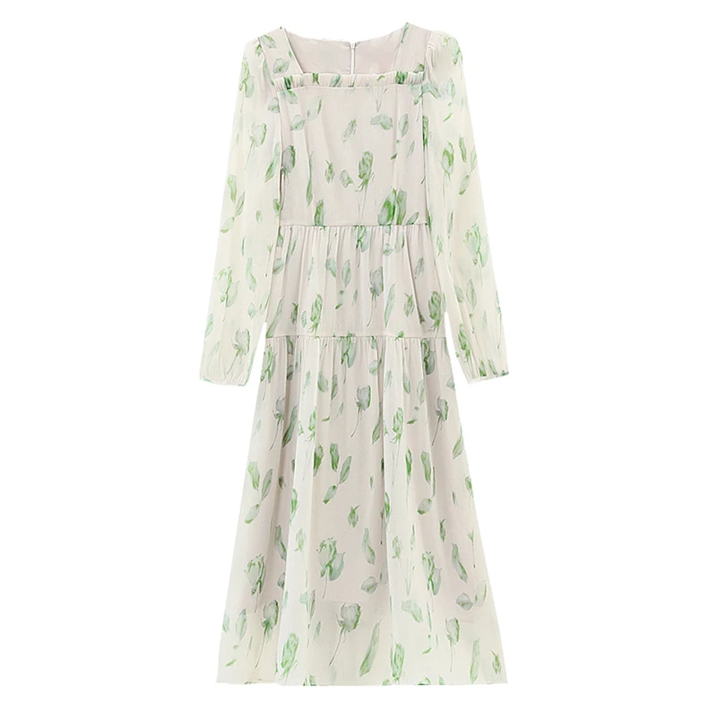 Женское шифоновое платье с цветочным принтом длинным рукавом и квадратным