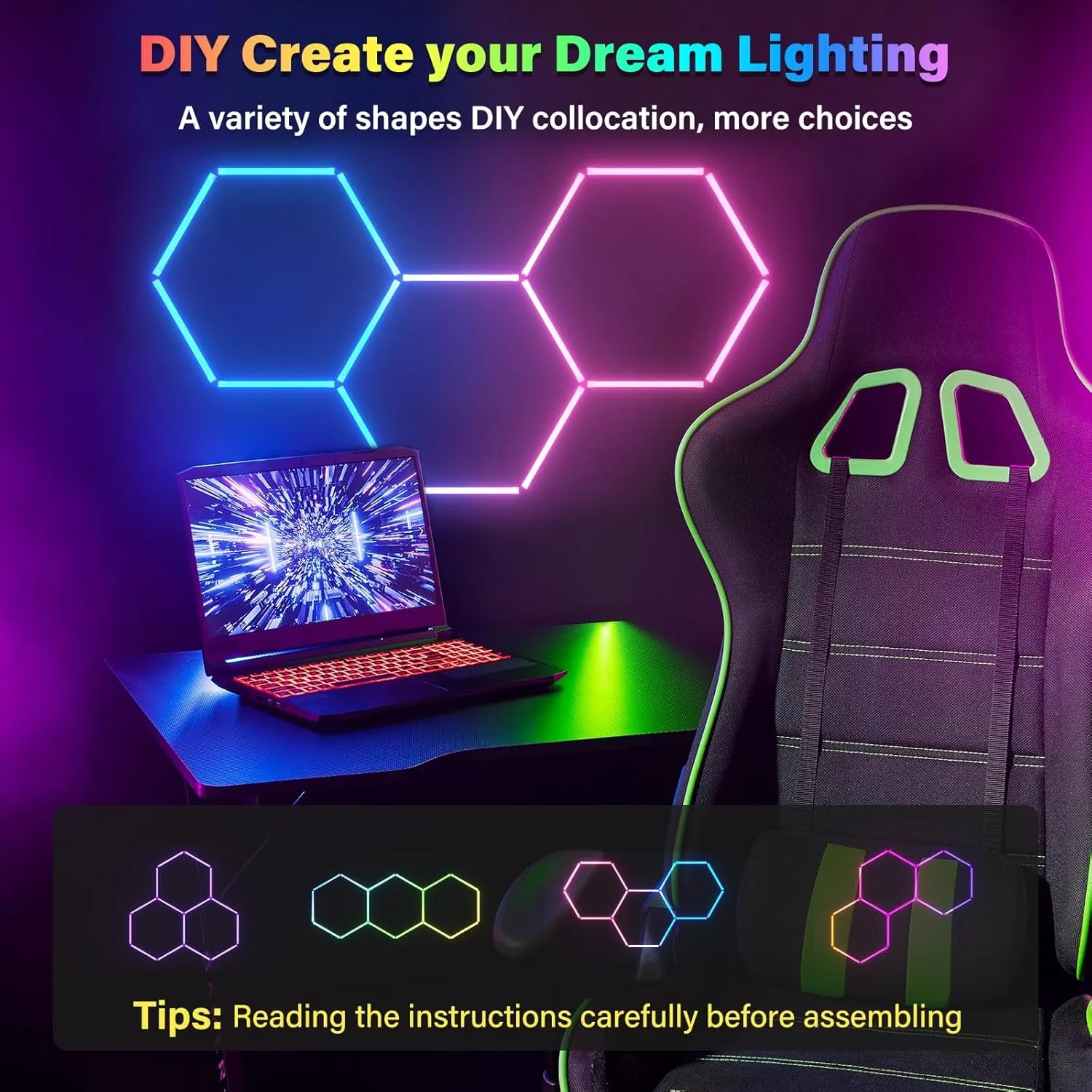 Фото RGB шестиугольные светодиодные фонари Рабочий свет Сменный шестигранный сотовый светильник в форме гаража Шестигранный настенный светильник RGB №4