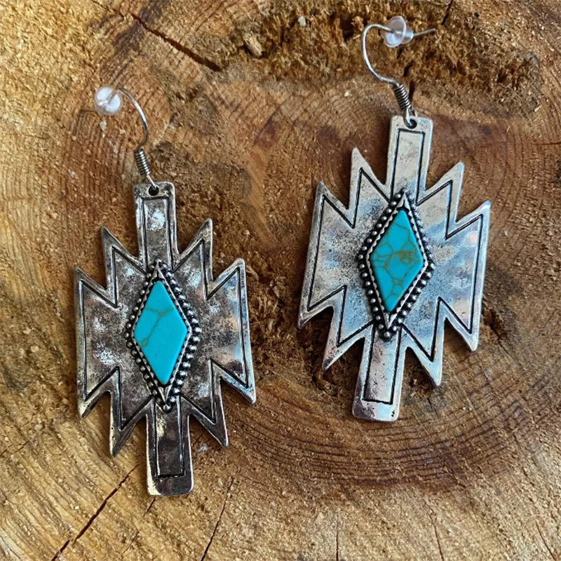 

Western Aztec Hook Earrings for Women Navajo Style Cowgirl Jewelry Turquoise Colored Stone Ear Accessories AZTEC STONE EARRINGS