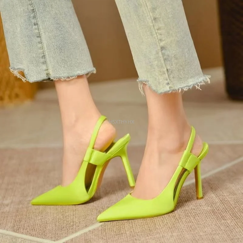 

Женские Элегантные сандалии на шпильке во французском стиле, новые стильные туфли без задника с ремешком на пятке, туфли на высоком каблуке ...