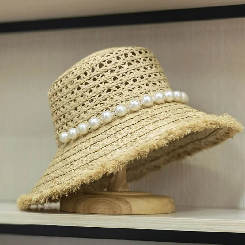 

Women Hollow Style Pearls Band Raffia Hat Fringed Wide Brim Natural Straw Hat Laides Sun Hat Summer Beach Hat Party Derby Hat