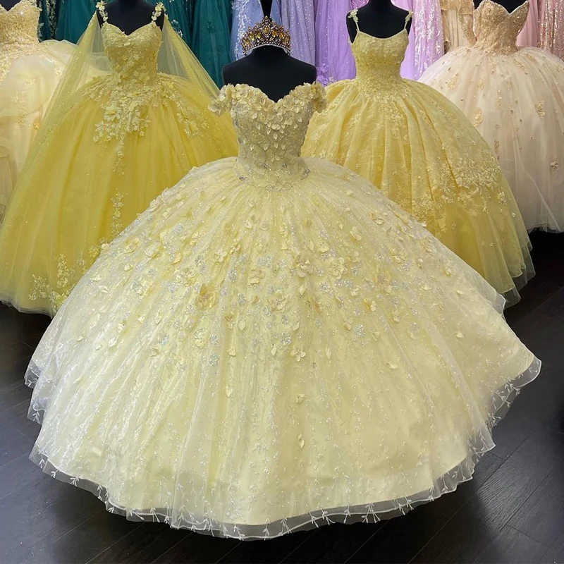 

Quinceanera Dresses Ball Gown Puffy Yellow3D Flowers lace-up Corset Back Vestido 15 Anos Festa Graduation Party Gowns