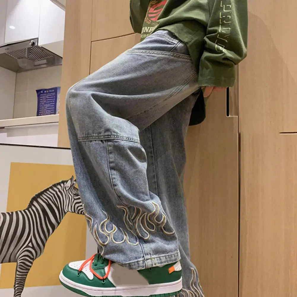 Брюки мужские джинсовые с принтом пламени повседневные прямые широкие штаны из