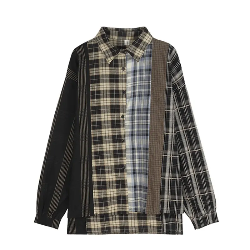 

Oversized Plaid Patchwork Blouses Vintage Streetwear Boyfriend Shirt For Ladies Ulzzang Harajuku Long Sleeve 2022 Blusas Tops