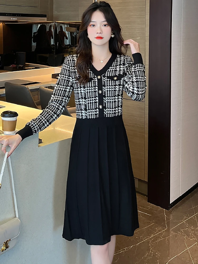 

Осенне-зимнее черное трикотажное платье в клетку с пэчворком, женское Элегантное повседневное платье из двух частей, облегающее корейское платье 2023, платья