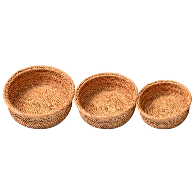 

Round Rattan Woven Fruit Basket,Food Organizer Tray Snack Serving Bowl Home Decorative Tray Breakfast Storage Holder
