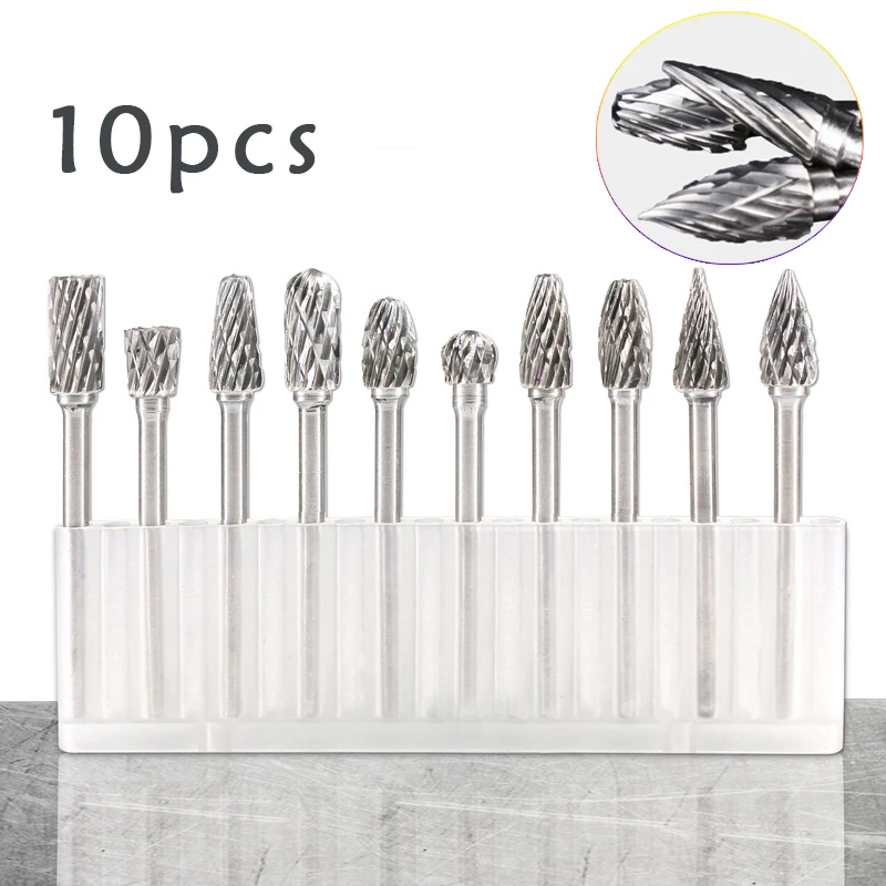 10pcs 1/8 Inch  Shank Tungsten Carbide Rotary Burrs Drill Bits for Metal Burr Double Diamond  Milling Cutter Mini Cone Drill Set