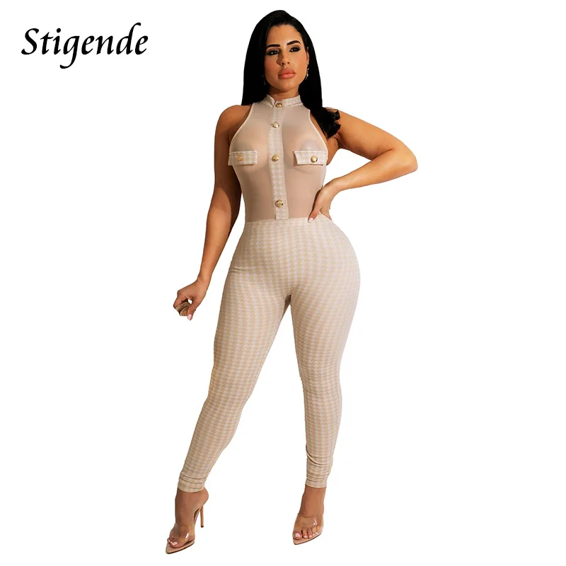 

Stigende Women Houndstooth Print Jumpsuit See Through Mesh Patchwork Party Rompers Button Up Sleeveless Plaid Club Jumpsuits