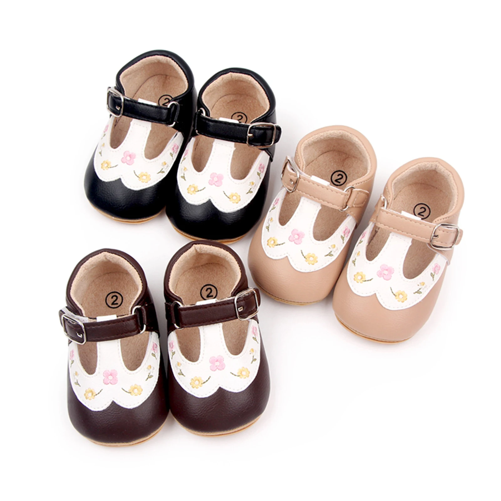 

Обувь для новорожденных девочек, мягкая подошва, искусственная кожа, вышивка, цветы, плоская подошва, нескользящая цена, обувь для младенцев 0-18 месяцев