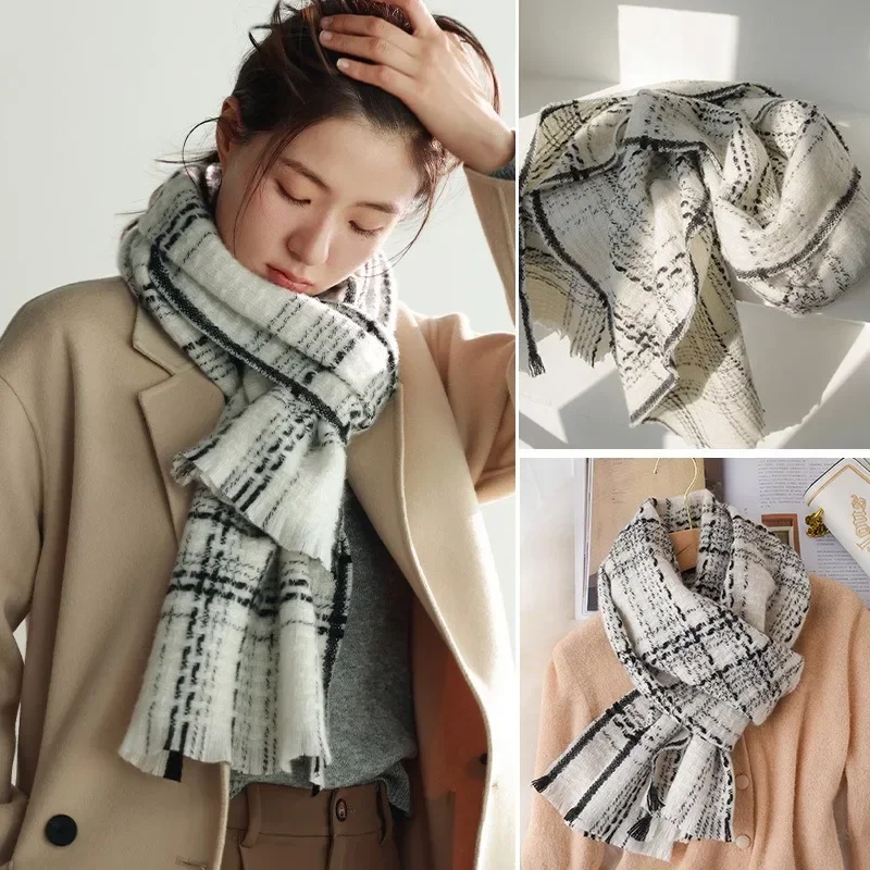 Черно-белый шарф из 100% шерсти для женщин на осень и зиму небольшой