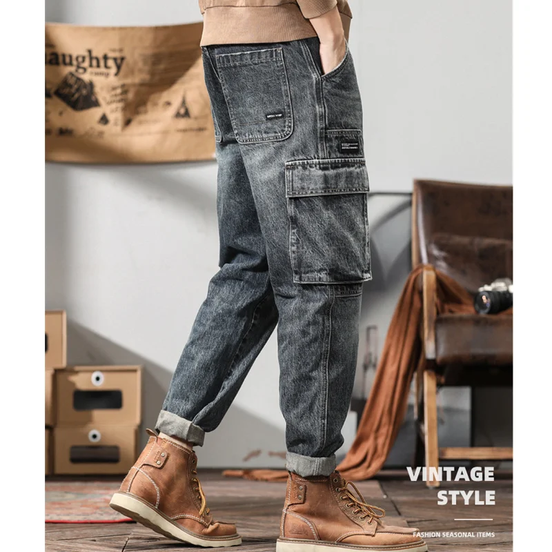 Streetwear Men New Pattern Vintage Recreational Bluish Grey Cargo Pants Straight Cylinder Comfortable Loose Jeans Autumn Female
