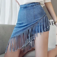 women summer tassel denim short skirt female fashion vintage zipper high waist solid color korean sexy warp smini skirts pencil