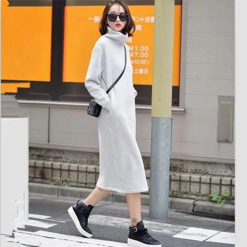 

Warm Cotton Winter Women's Dress Turtleneck Full Sleeves Long Dress Casual loose Thicken Maxi Dresses Elegant Vestidos