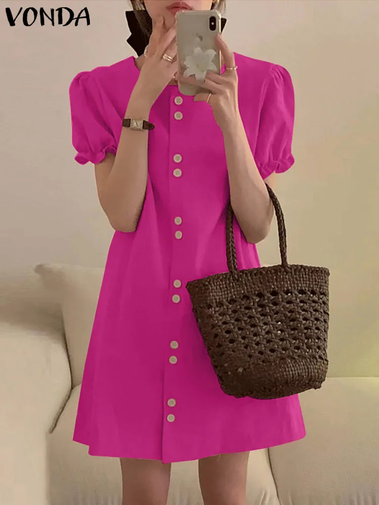

2022 элегантное женское однотонное платье VONDA с коротким рукавом, короткий офисный халат, винтажное Повседневное платье макси с круглым вырез...