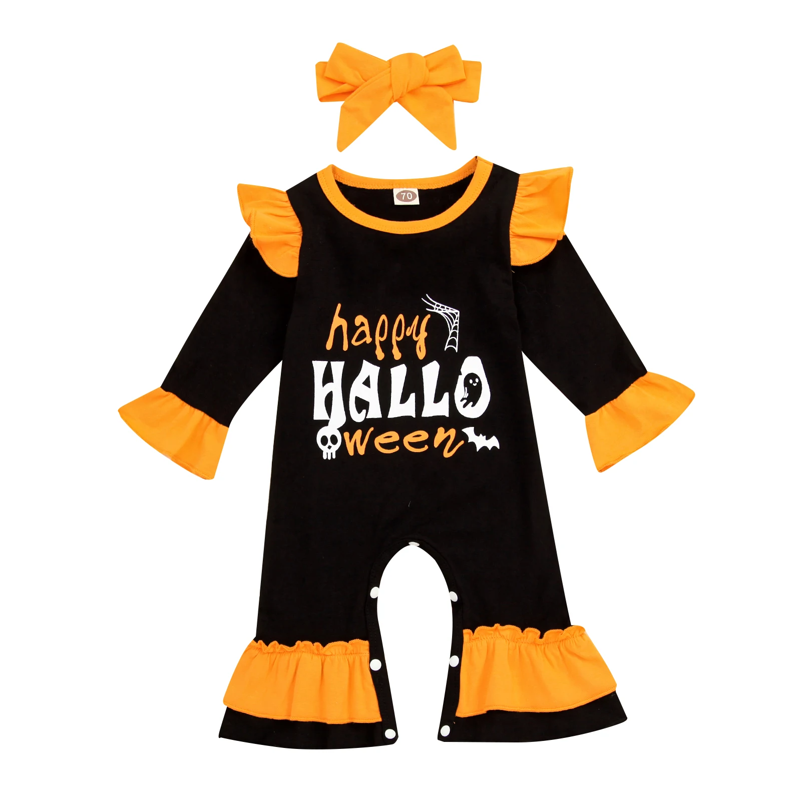 

Baby Girls Romper+ Headband, Long Sleeve Round Neck Ruffle Halloween Letters Print Casual Party Street Spring Fall Romper