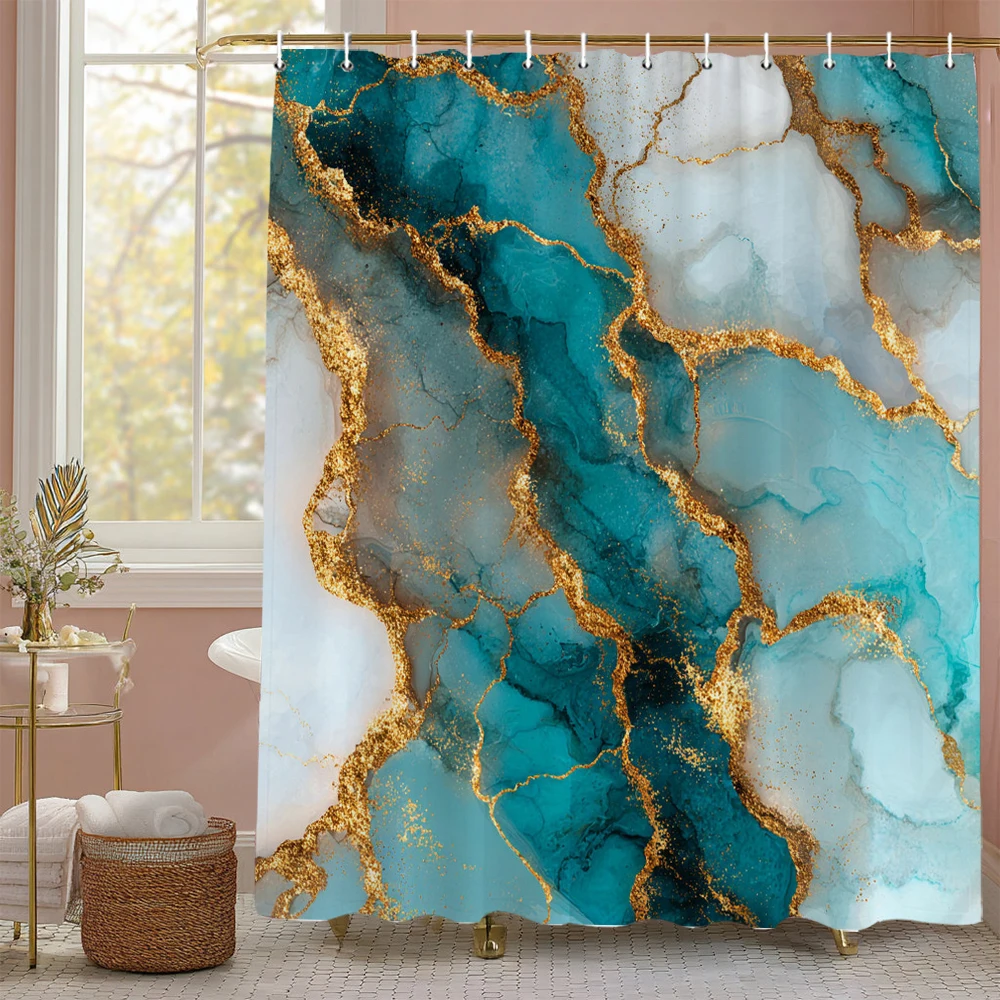 Фото Занавеска для душа Green Marbled Flow Art, декоративная занавеска для душа в ванной комнате, водонепроницаемая занавеска для душа с крючками №2