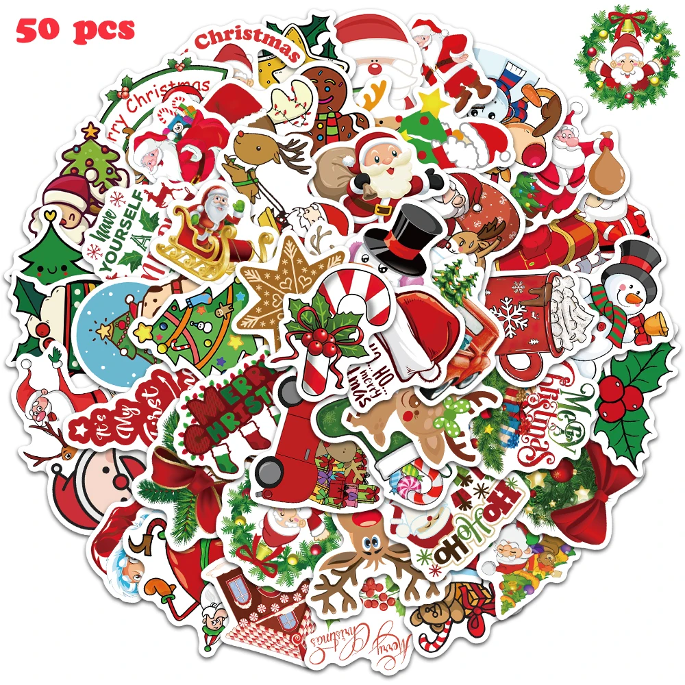 

10/50Pcs Merry Christmas Stickers Deer Santa Claus Graffiti Decals Snowboard Guitar Phone Car Room Stickers Kids Toys Gifts