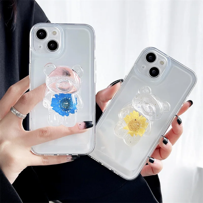 

Transparent Full Edge Anti-fall Blue Chrysanthemum Bear Bracket Simple Silicone For iphone 11 12 13 Pro Max XR Xs Max Phone Case