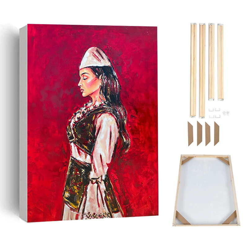

Red Albanian Woman Canvas Painting with Frame Hand Oil Painting Wall Art Poster Modern Prints Pciture for Living Room Home Decor