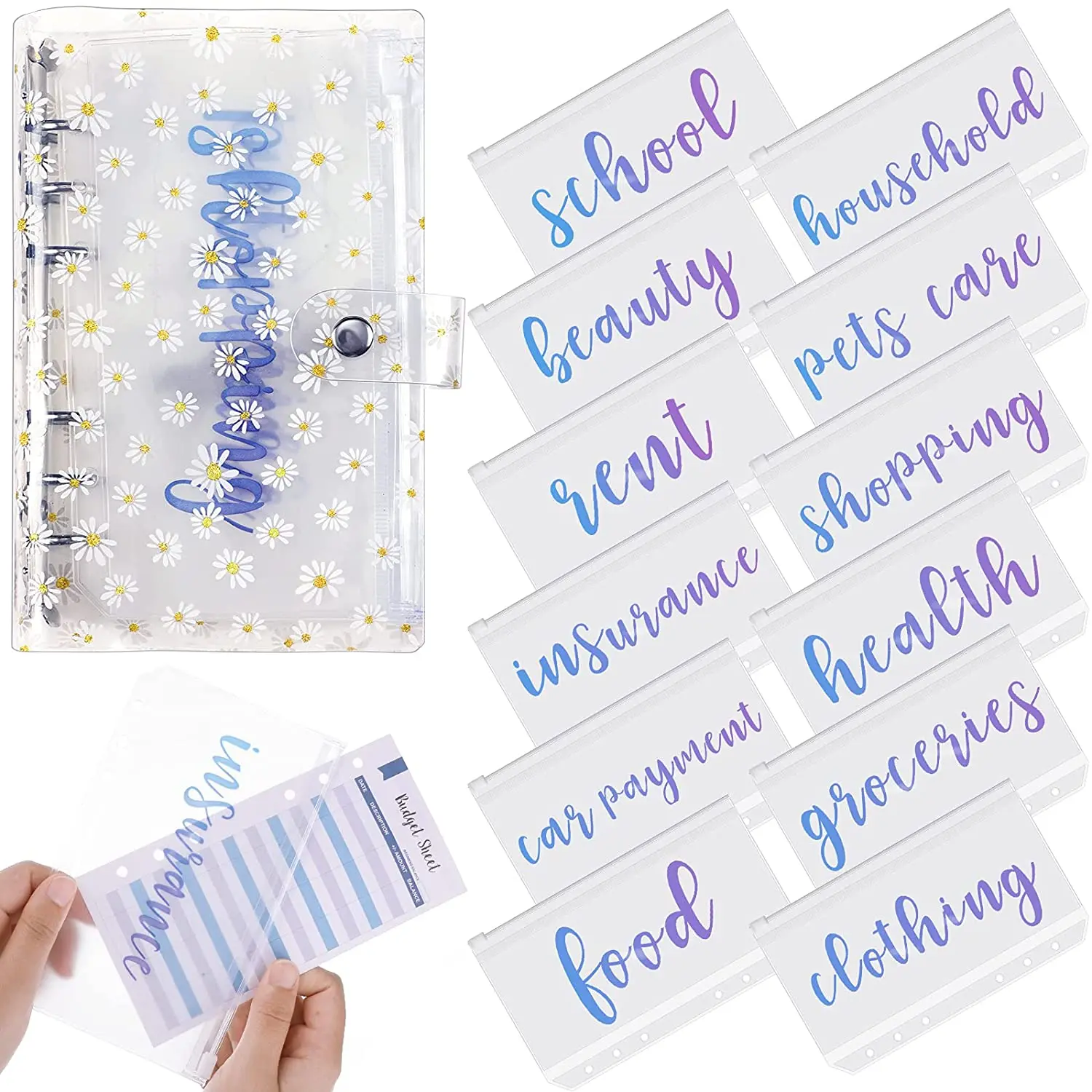 

A6 PVC Binder Budget Planner Organizer Wallet System with 12 Pieces Binder Cash Envelopes,Budget Sheets Expense,for Bill Planner