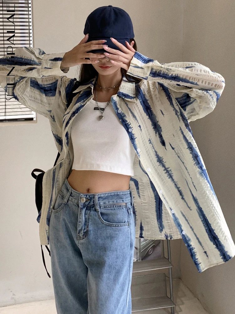 

SHENGPALAE дизайн 2023 весна новые ретро женские рубашки с принтом в полоску однобортные свободные с длинным рукавом модная женская одежда