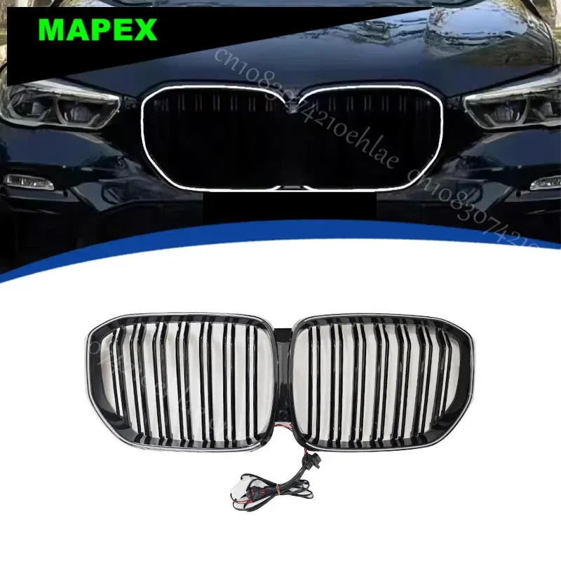 Фото Подходит для BMW X5 2019-2022 гг., двухлинейная черная модель G05, решетка с подсветкой и светодиодной подсветкой №1