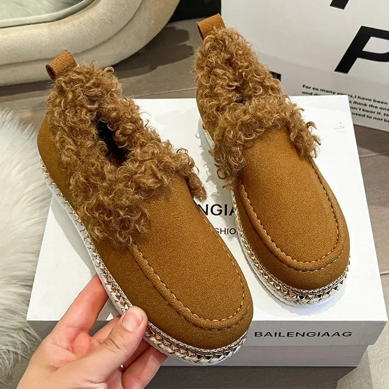 

Fur Flats Loafers Women Suede Marie Janes Shoes Spring 2024 Casual Walking Boots Designer Warm Cotton Shoes New Femme Zapatos
