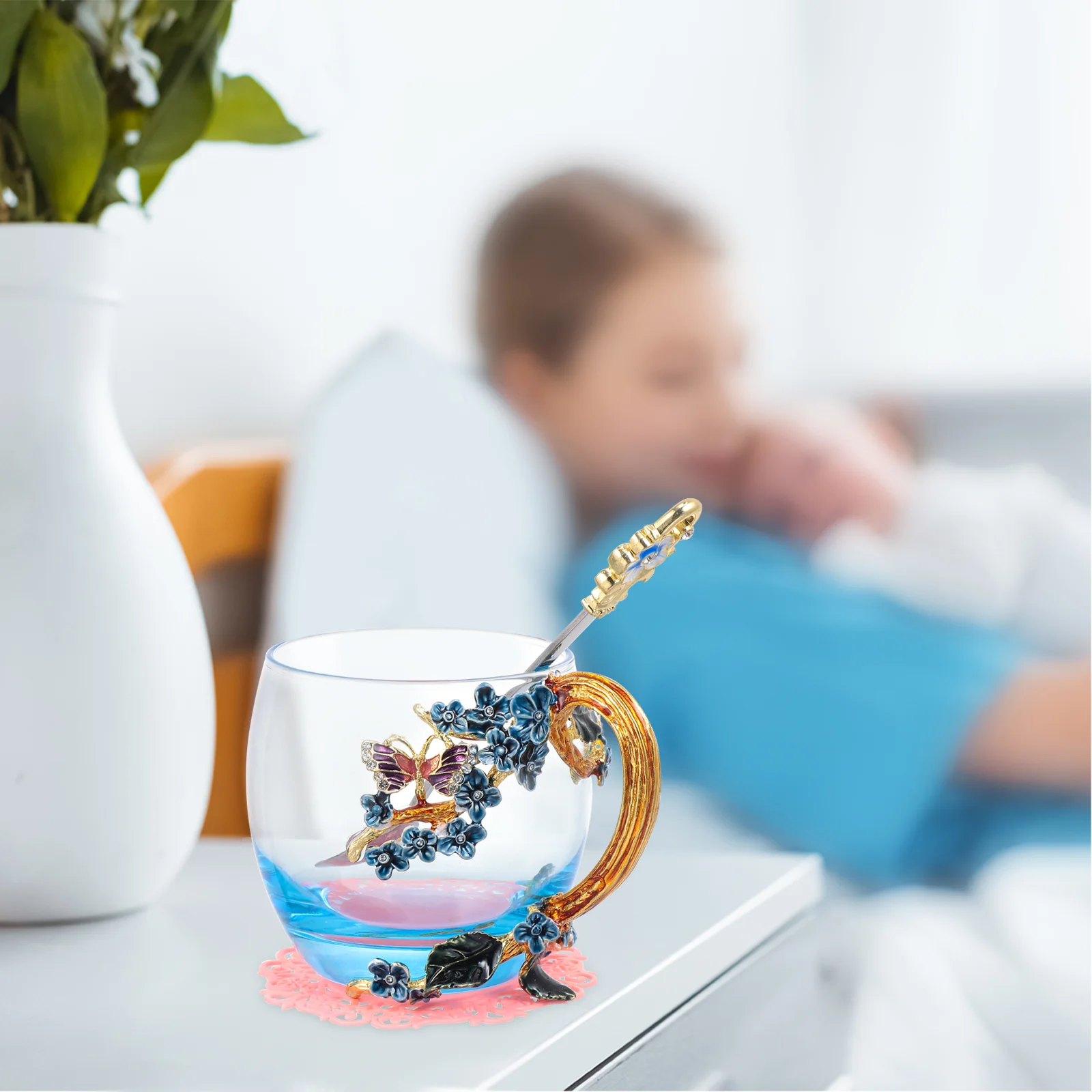 1 Set Enamel Flower Decor Glass Coffee Mugs Tea Cup with Spoon |
