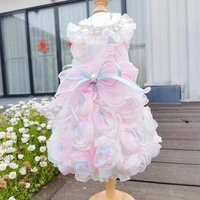 handmade dog dress pet clothes luxury 3d flowers chiffon bud skirt pearl collar 3 colors party holiday birthday poodle one piece