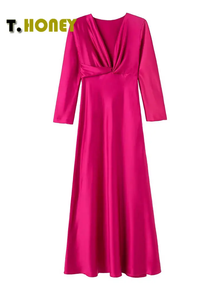 

Женское модное однотонное платье TELLHONEY с V-образным вырезом, Женские повседневные длинные платья трапециевидной формы с длинными рукавами и...